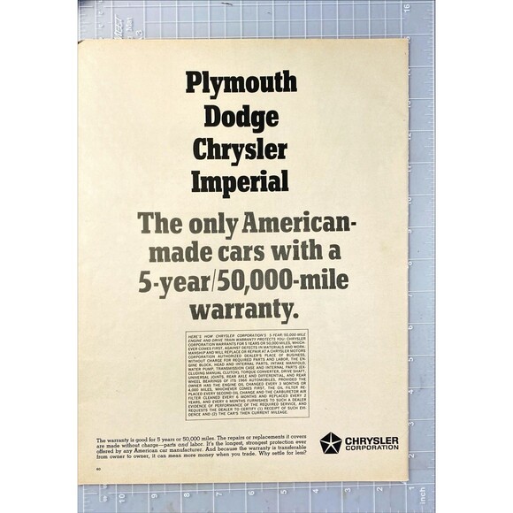 Chrysler Corp "Only American Cars w/ 5-year 50,000-mile Warranty" Print Ad 1966 - Picture 2 of 3